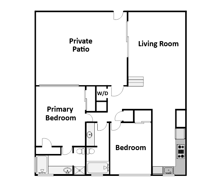 Floor plan for 2 beds, 2 baths, 1100 sqft